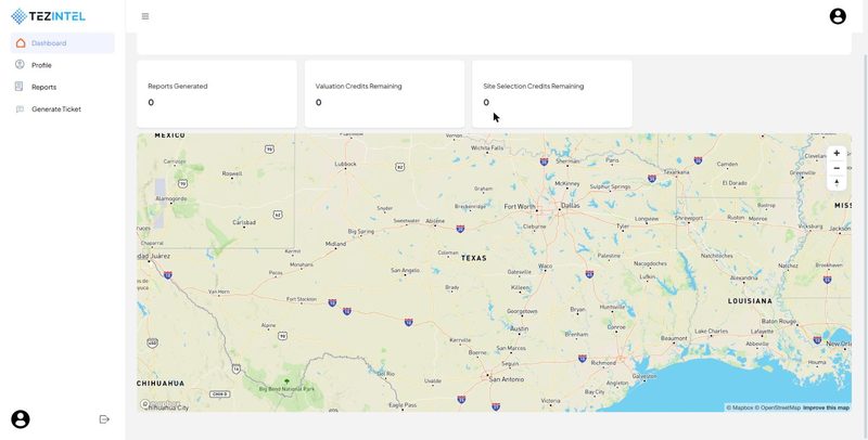 TezIntel dashboard with report and credit counters above an interactive map of Texas