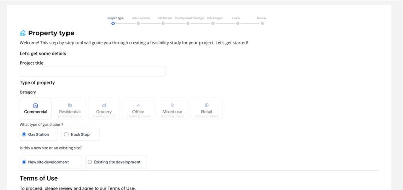 TezIntel feasibility wizard on the property type step, with seven steps from project type to review
